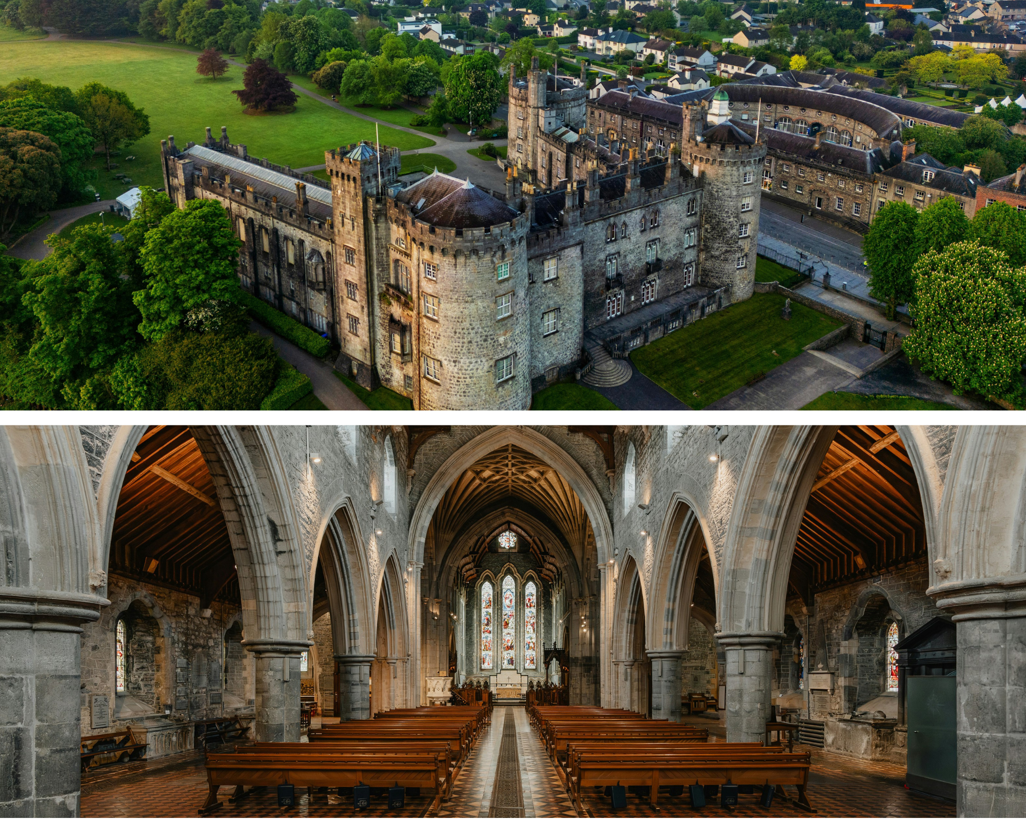 Prachtige binnenkant van een kerk en een shot van boven vanaf een kerk