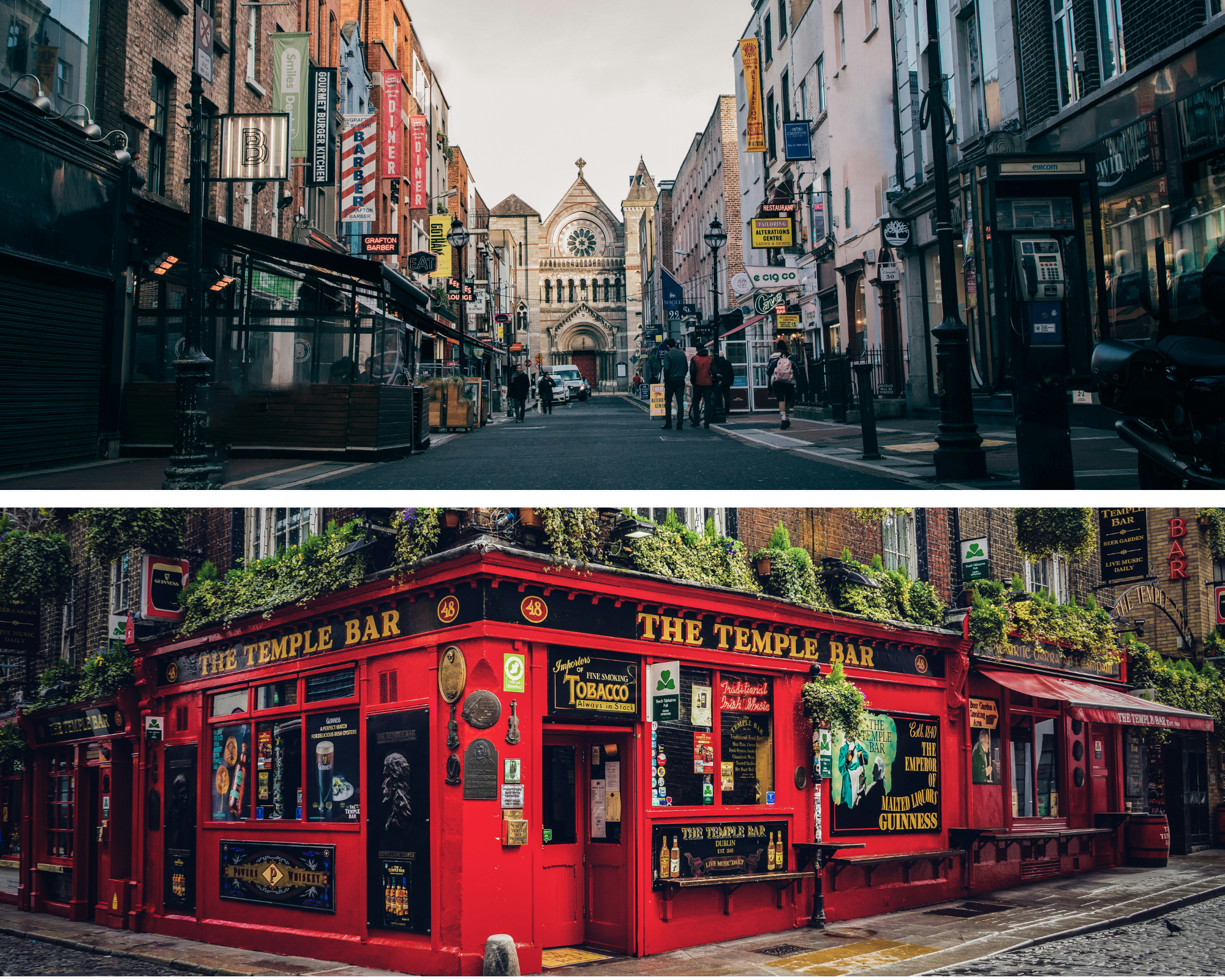 De temple bar in dublin en een drukke winkelstraat in dublin