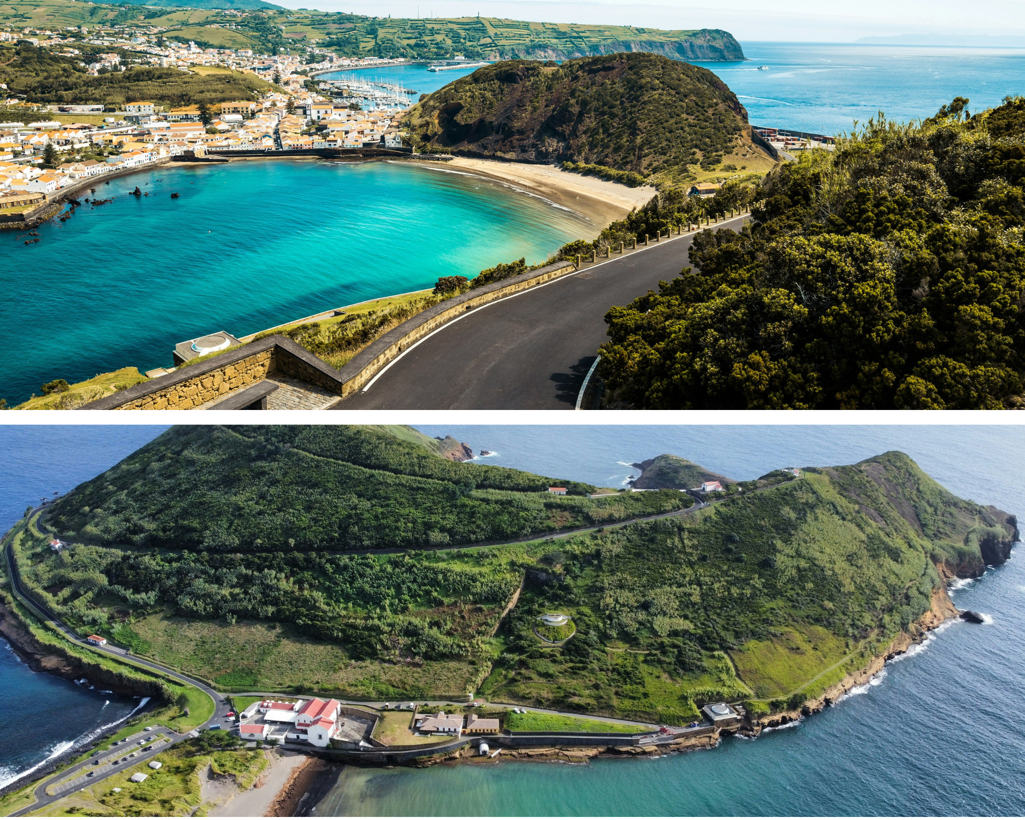 Prachtig helderblauw water en groene heuvels met huisjes erom heen