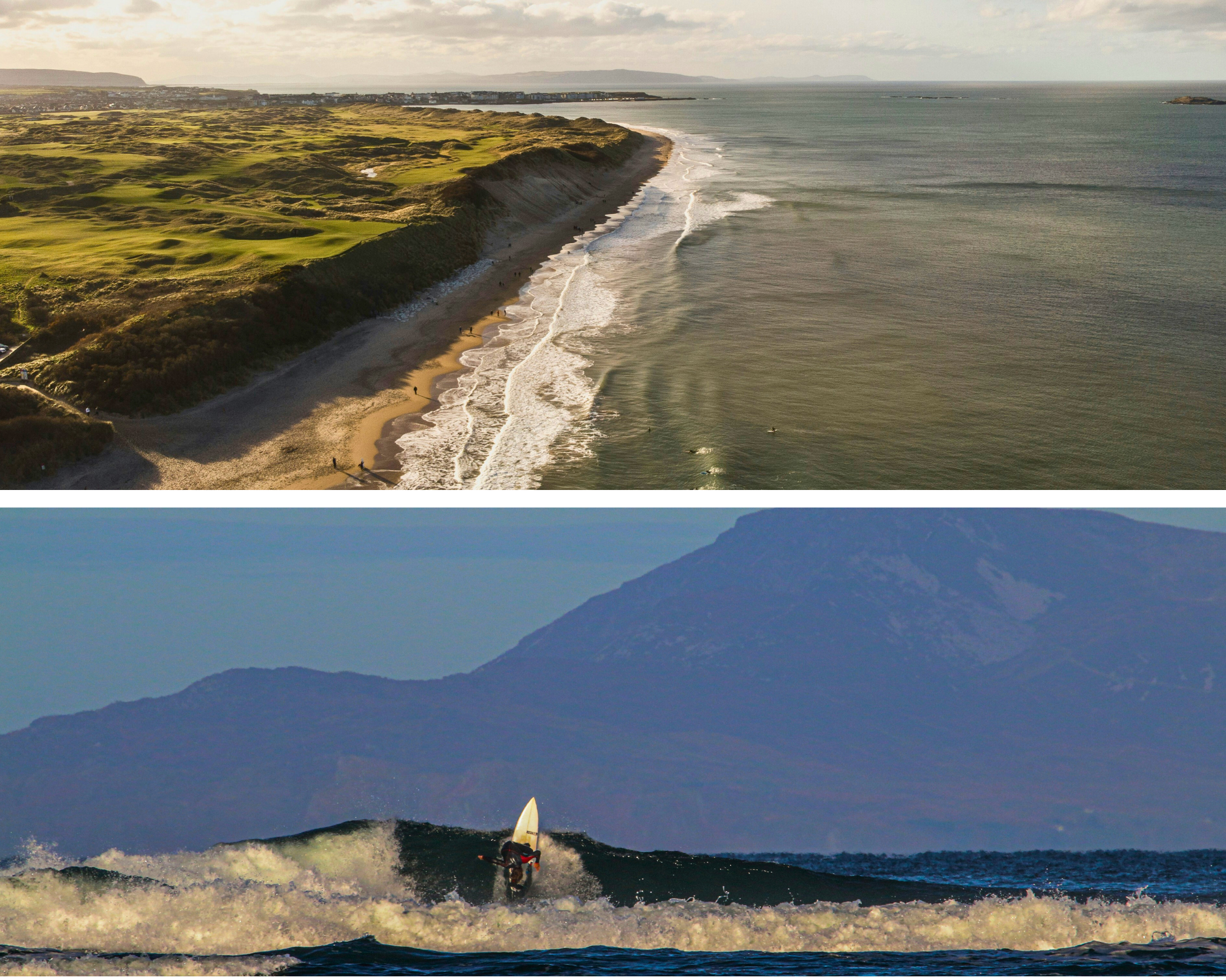 Beelden van een kust en surfers in de zee