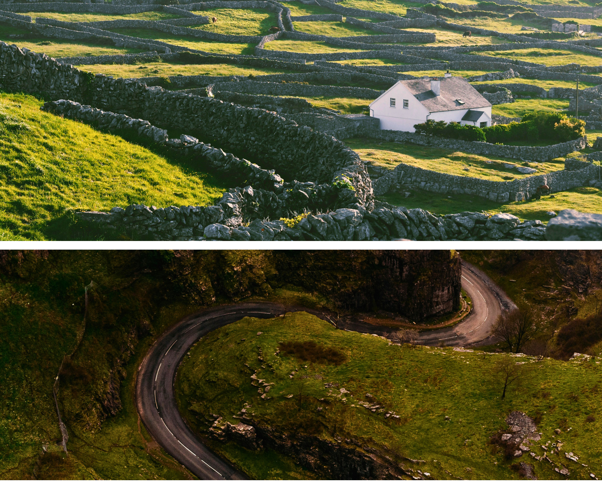 Huis in groene velden en een autoweg die door bergen heen kronkelt