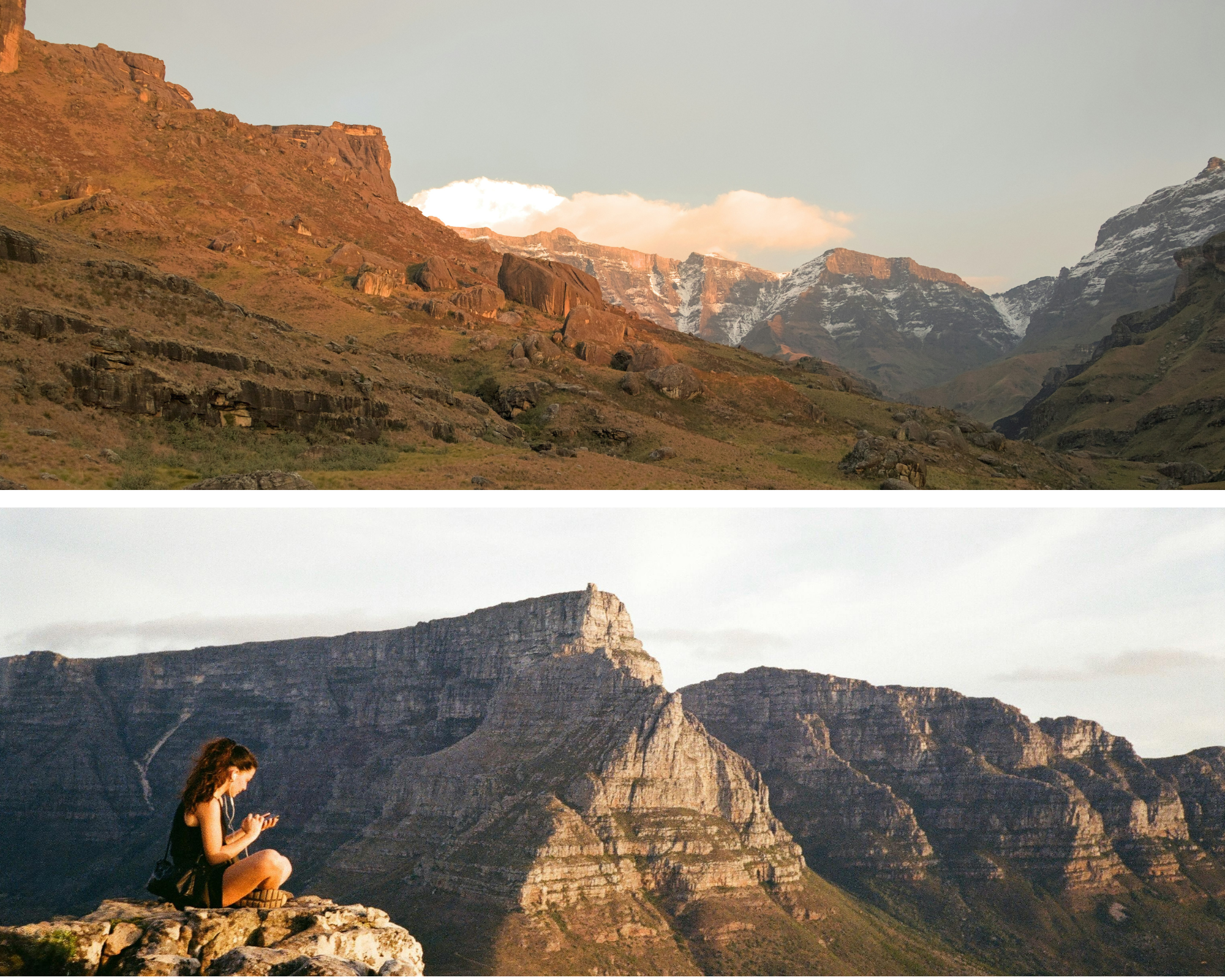 Two images: Top - Rocky mountain landscape with snow-capped peaks. Bottom - Person sitting on a cliff edge, using a phone, with mountains in the background.