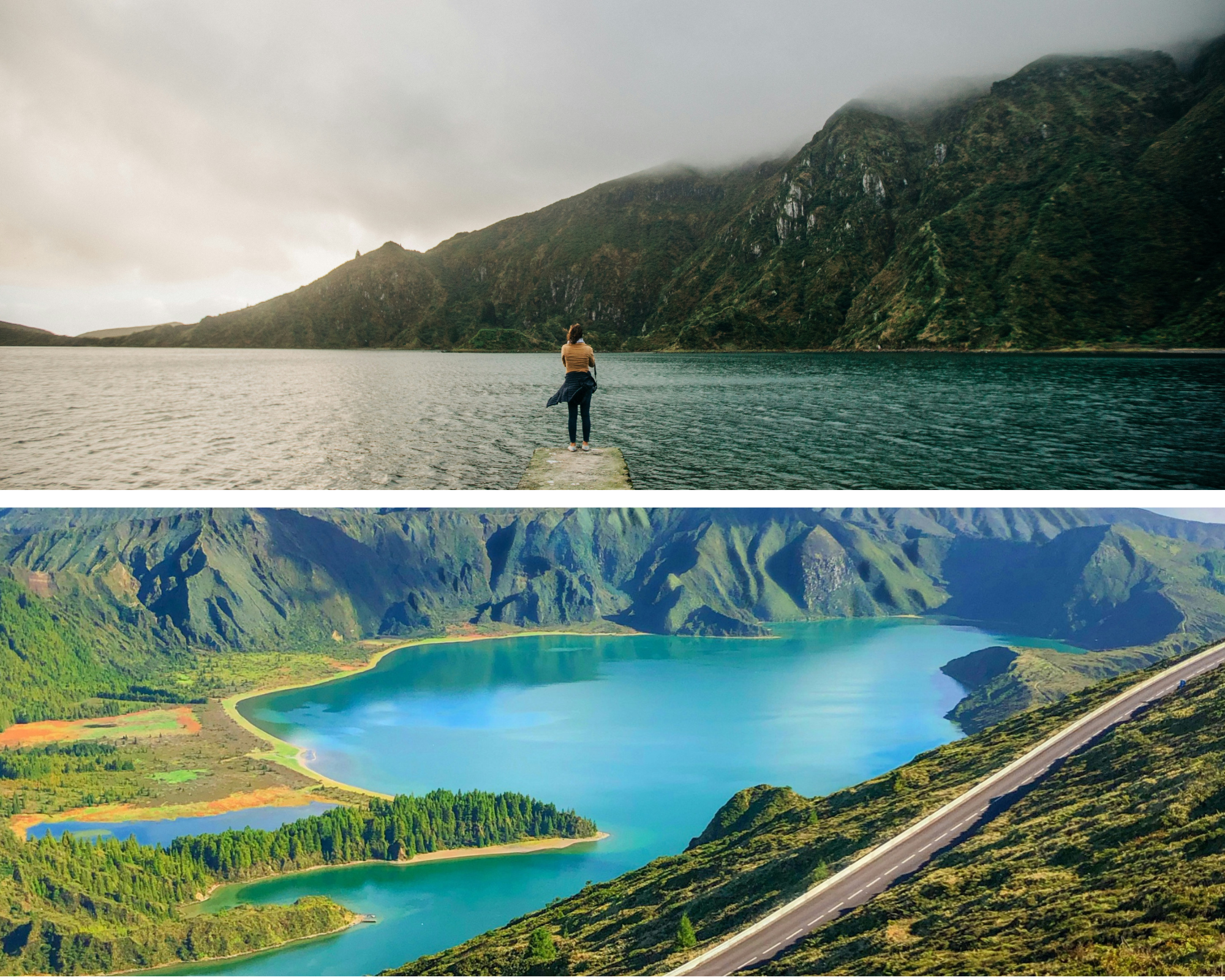 Top: Person stands on a pier by a misty mountain lake. Bottom: Aerial view of a vibrant blue lake surrounded by lush hills and road.