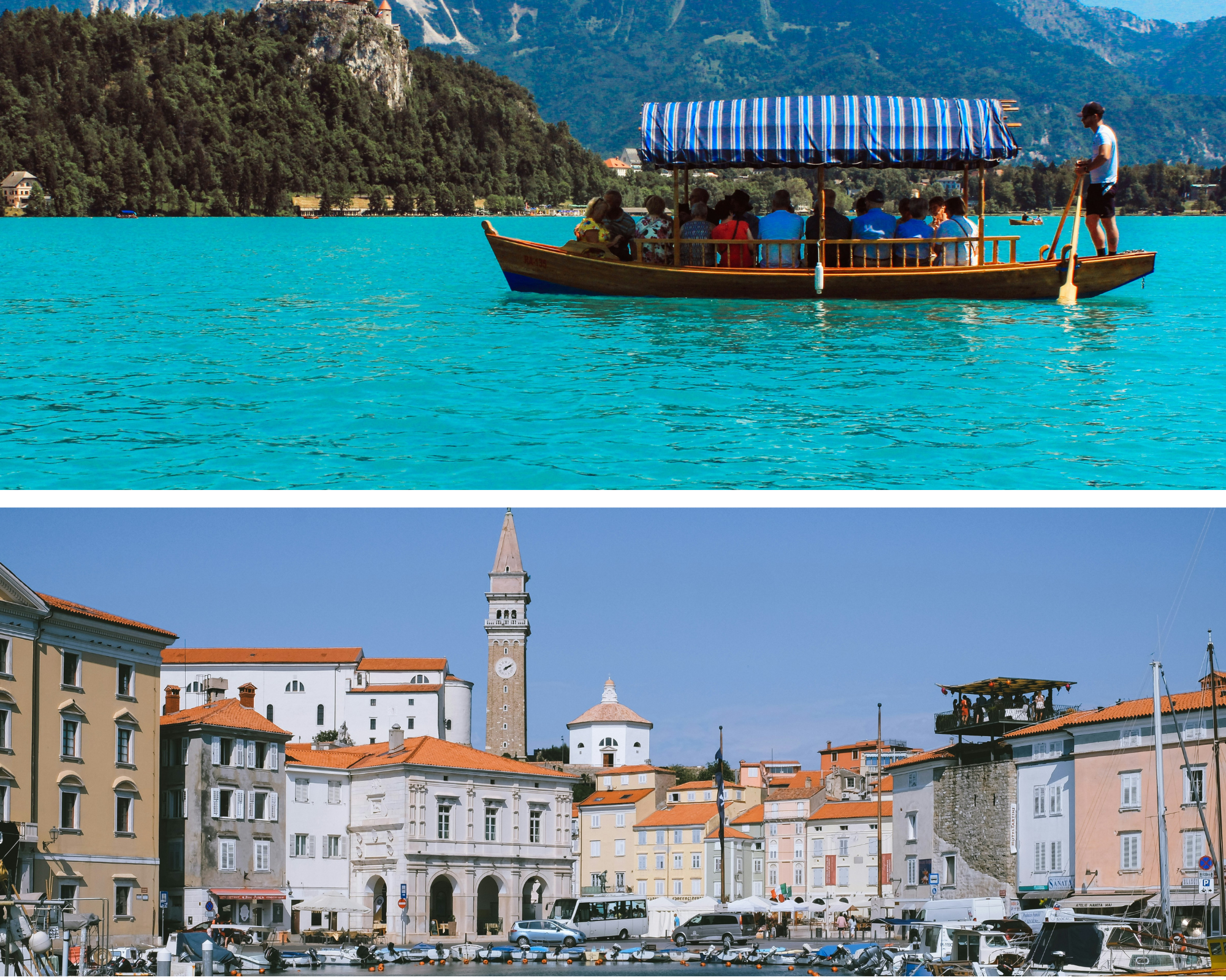 Top: canopy boat on turquoise lake with forested cliffs; bottom: Mediterranean harbor with clock tower and moored boats.
