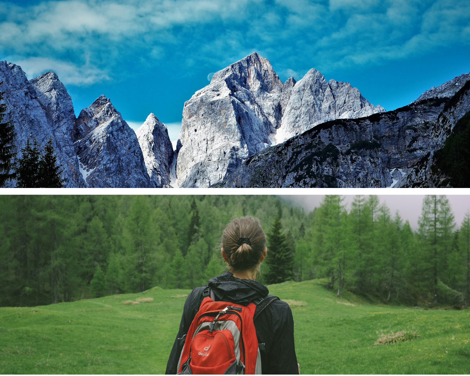 Vrouw kijkt uit op groene bergen en witte bergen in de Julische Alpen in Slovenië