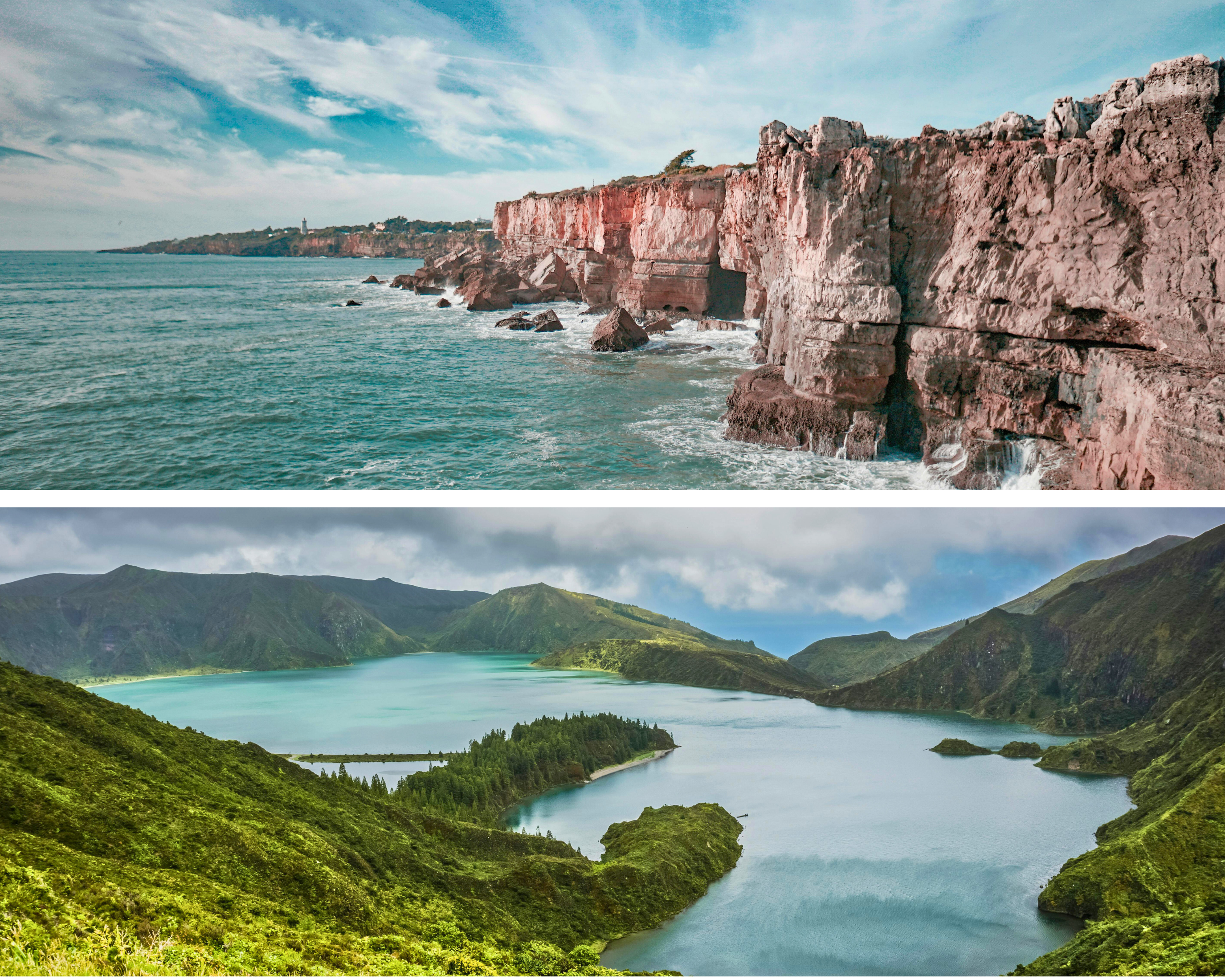 Mooie kliffen en groene natuur aan helder blauw water