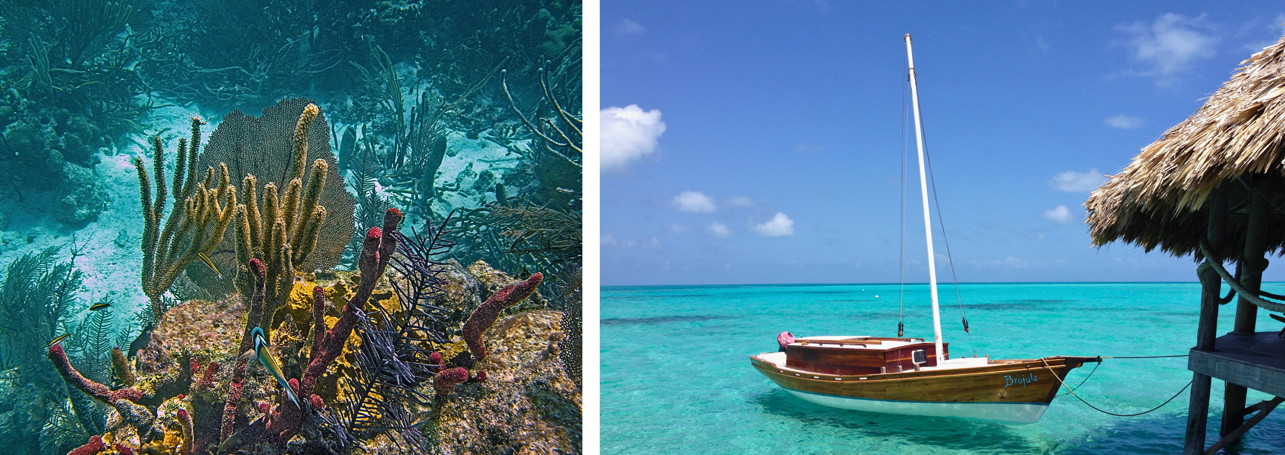 Glovers Reef links onderwater rechts bootje