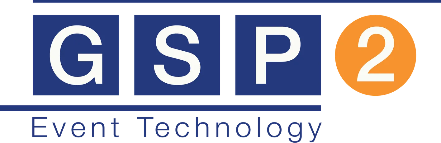 GSP2 Event Technology logo with G, S, P in blue squares and a white "2" in an orange circle.