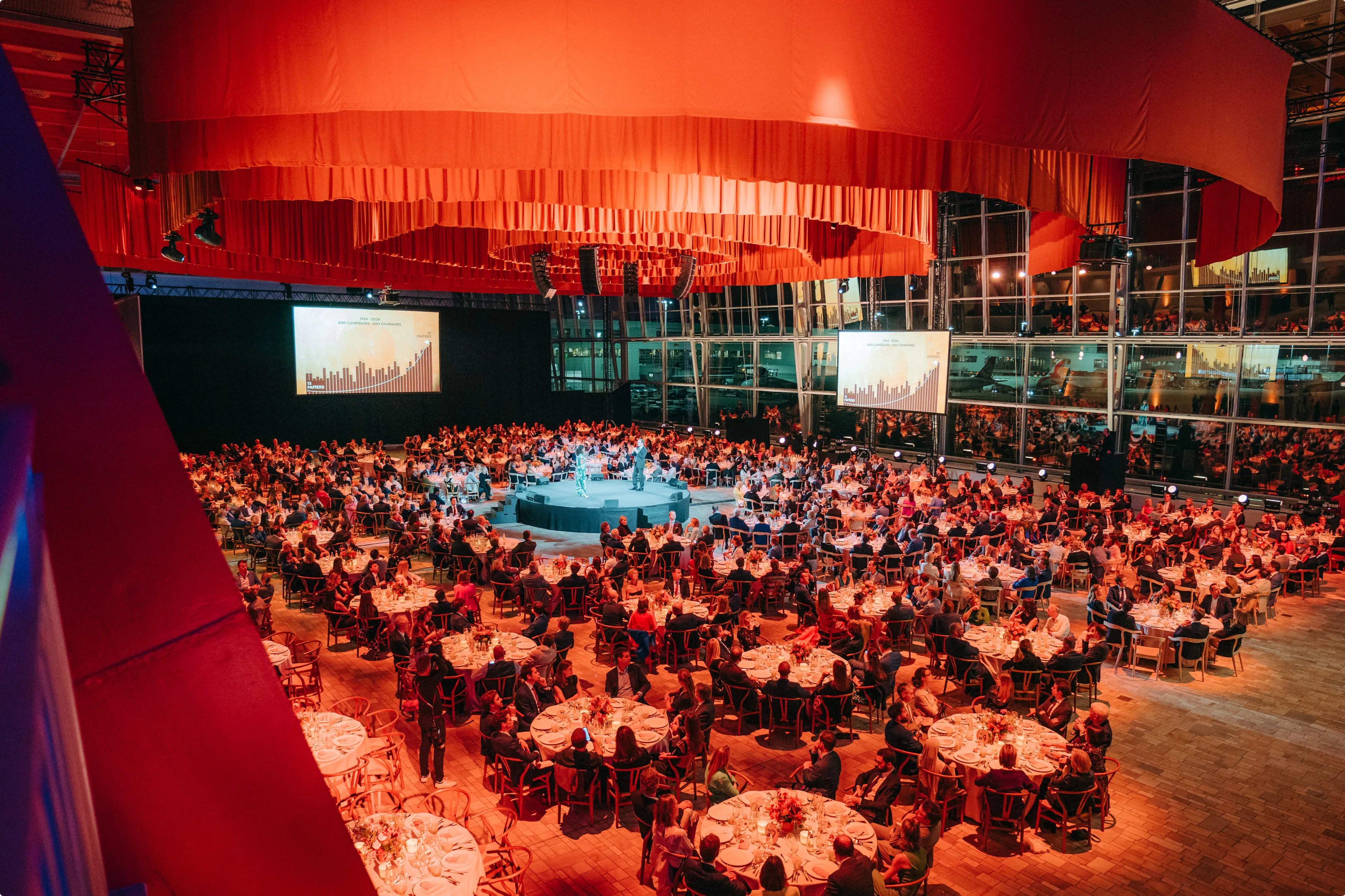 Large indoor banquet with round tables, stage, and overhead orange drapery, attendees seated, large screen displaying a graph, bright lighting.