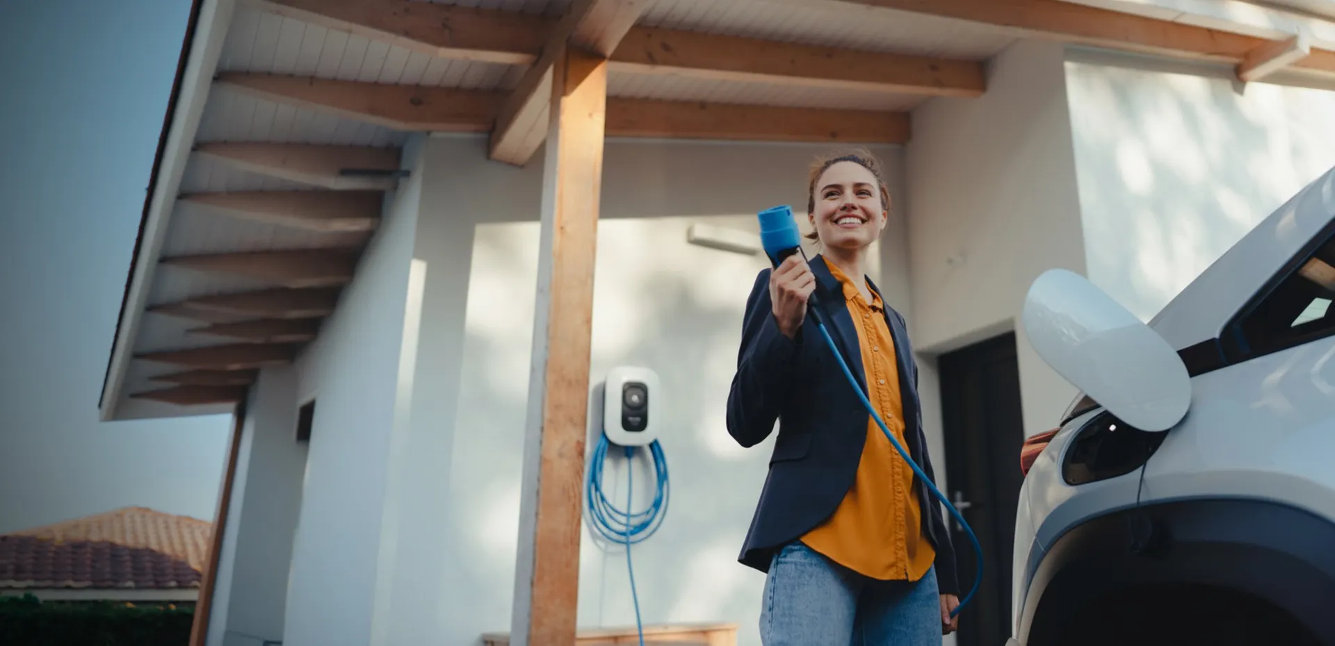 Smiling woman holding an EV charging cable near a parked vehicle at a charging station attached to a house.