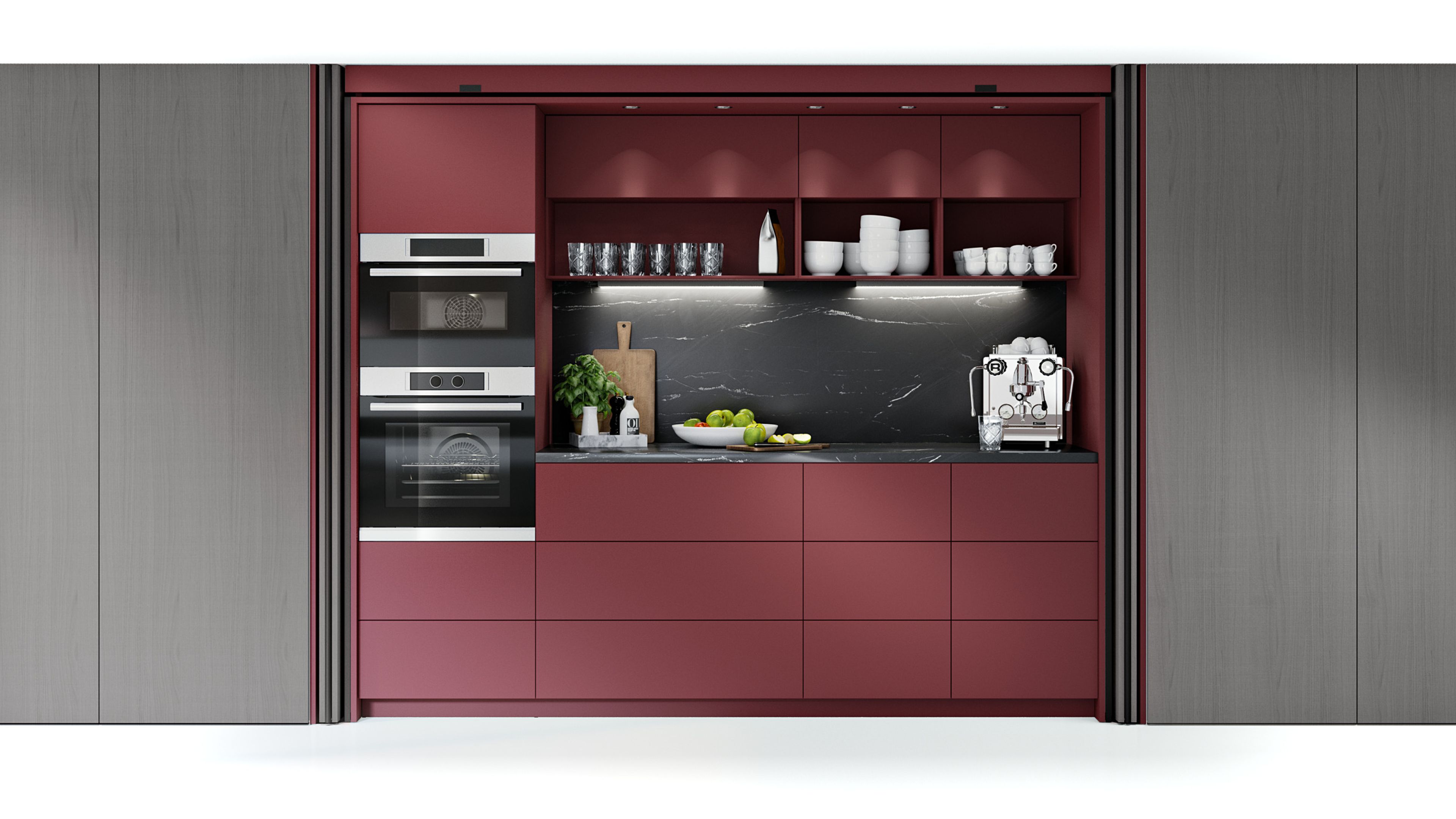 A dark red kitchen run