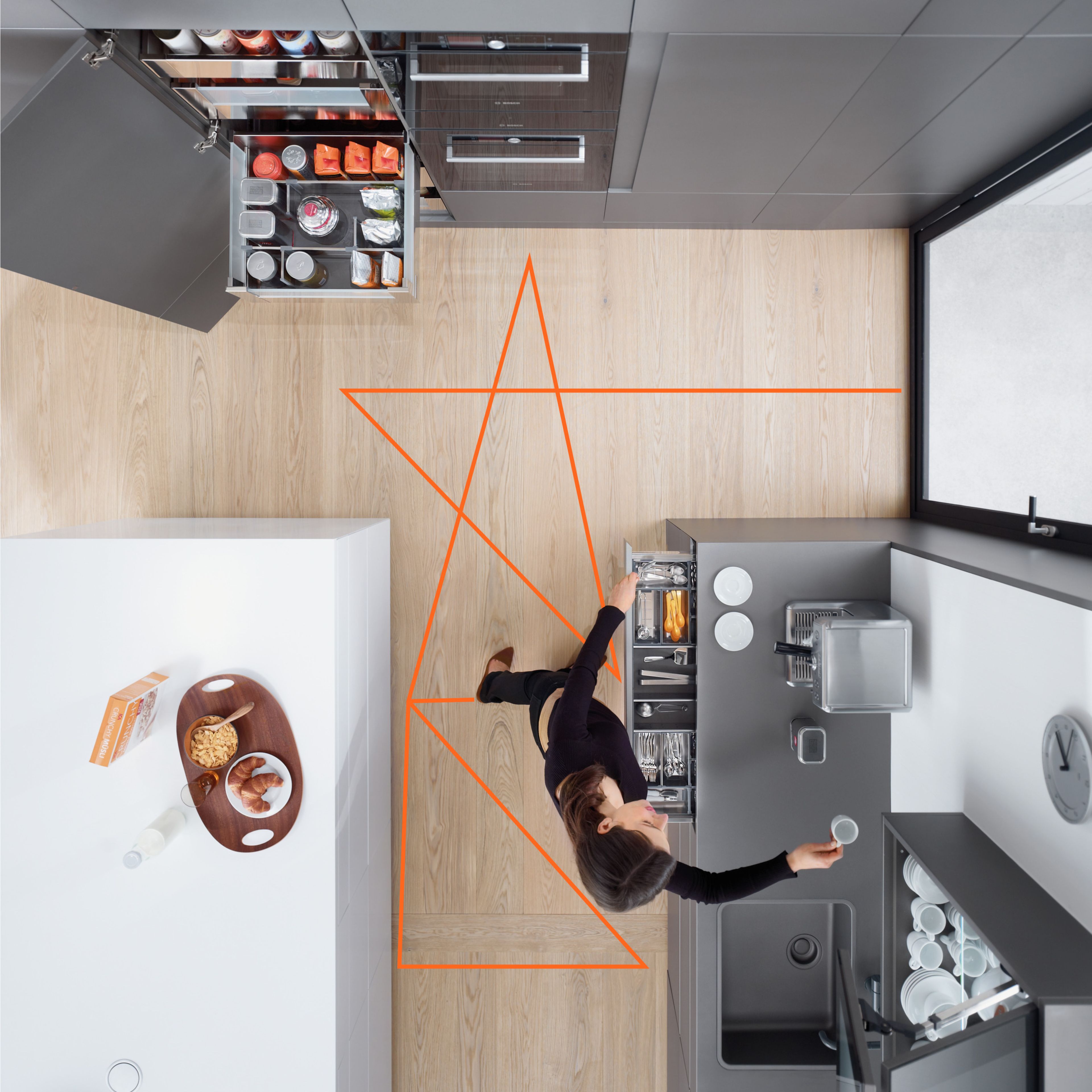 Uma cozinha na vista aérea. Uma mulher faz café; existem linhas laranja no chão para as áreas individuais na cozinha.