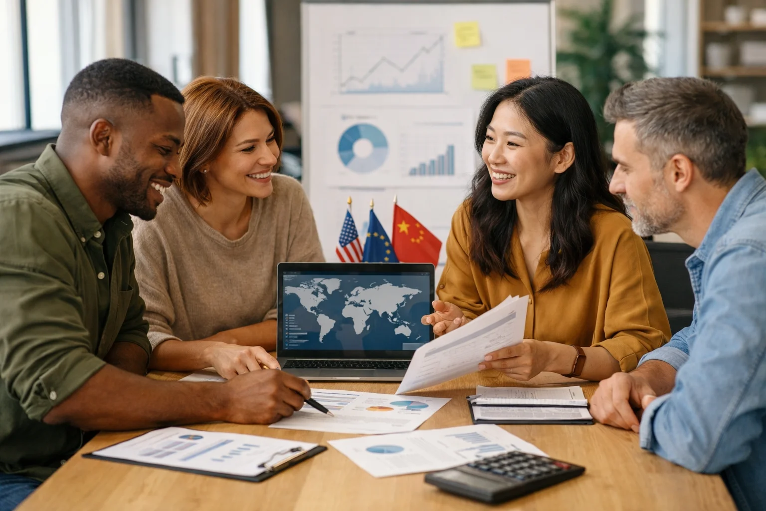 Four people in a meeting, discussing documents with charts and a laptop showing a world map. Flags of the USA and China are on the table.