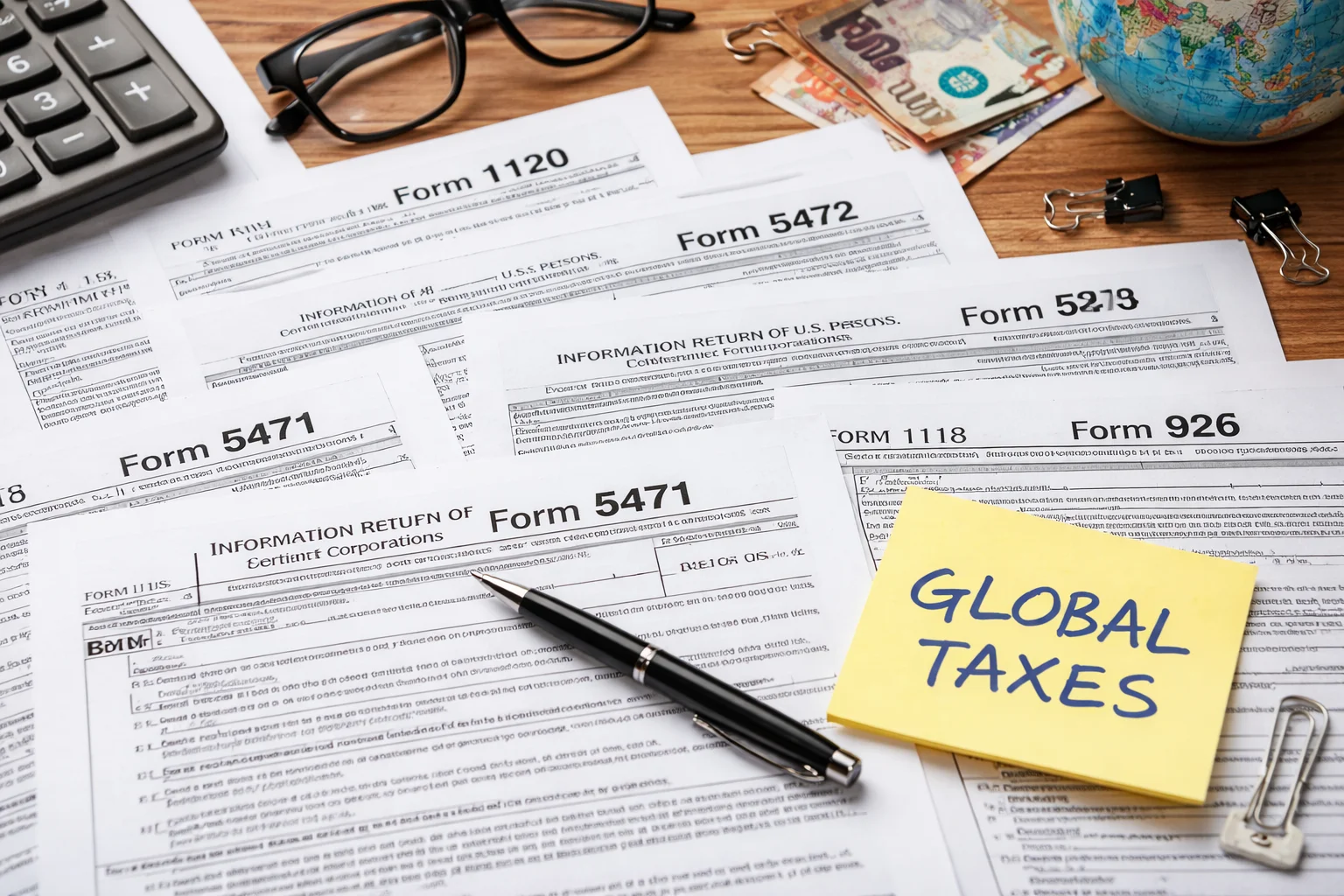 Tax forms, a pen, calculator, glasses, and a sticky note labeled 