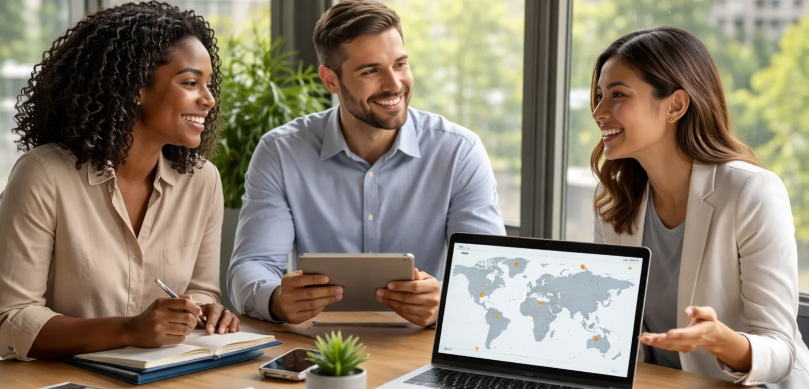 three employees on laptop discussing what are the best eor services for their company