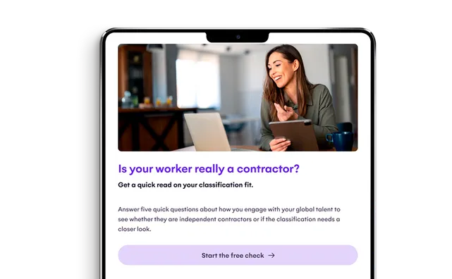 Tablet showing the Atlas HXM worker classification check, asking whether your worker is really a contractor