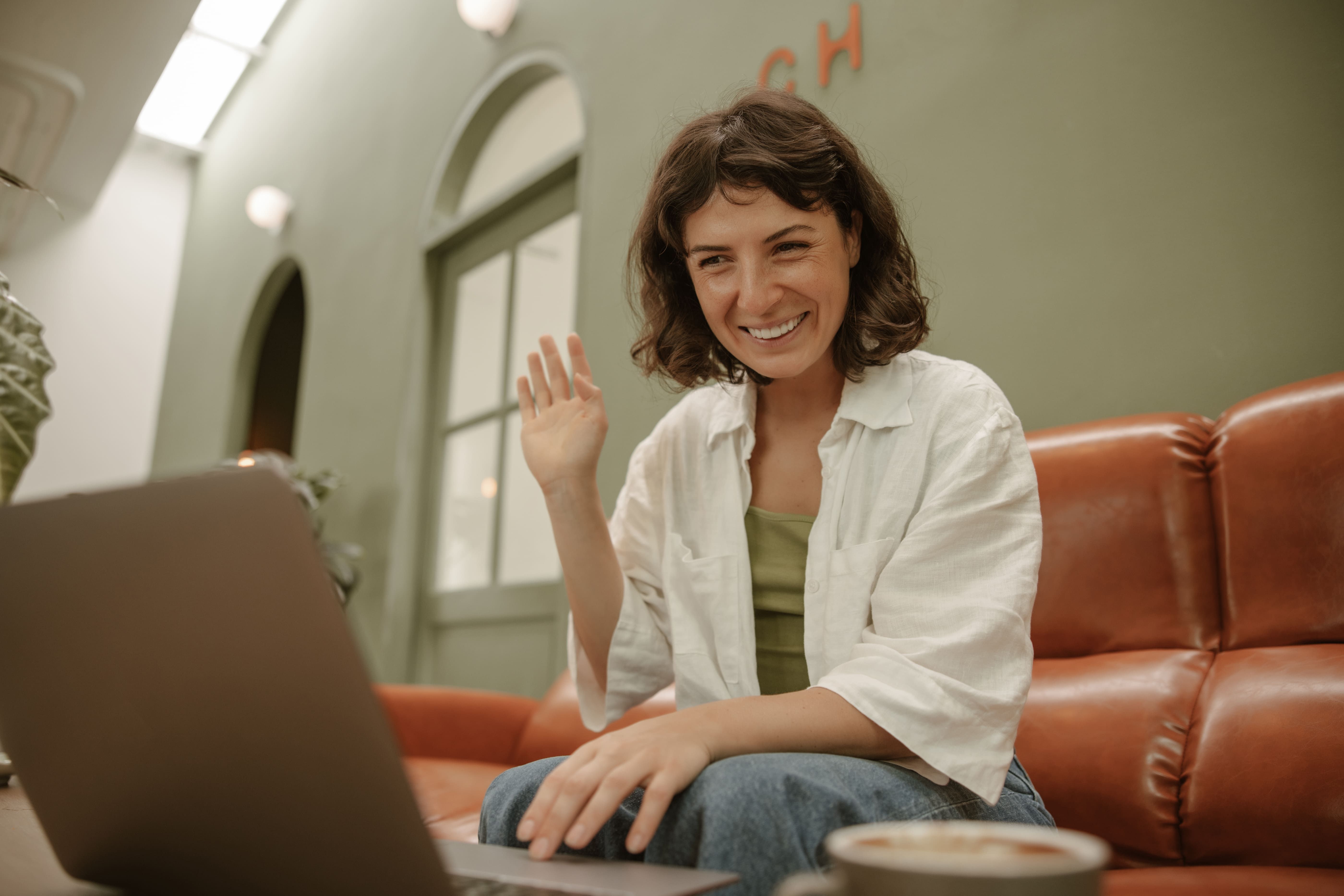 view caucasian smile woman having video call