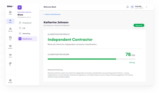 Atlas HXM classification result screen showing an independent contractor outcome with a score of 78 out of 100