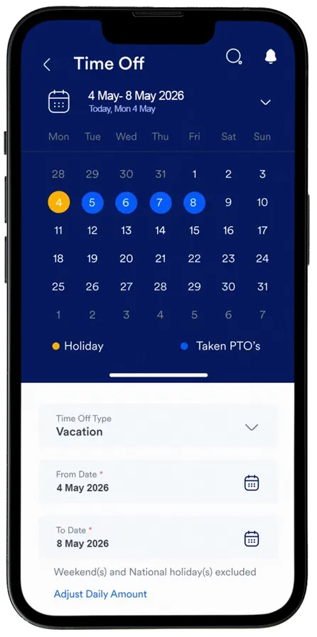 Atlas HXM mobile app time off screen showing leave balance and booking calendar