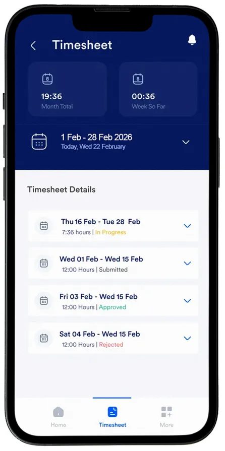 Atlas HXM mobile app timesheet screen showing hours worked and submission status
