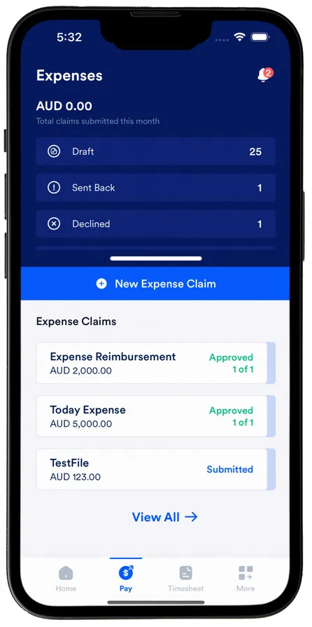 Atlas HXM mobile app expenses screen showing expense claims and approval status