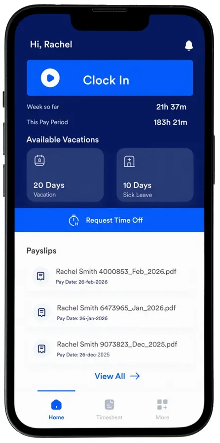 Atlas HXM mobile app clock in and out screen showing hours tracked this week