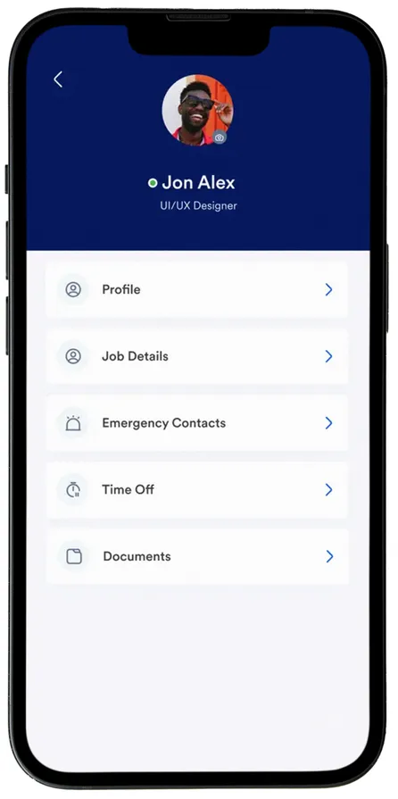 Atlas HXM mobile app profile screen showing personal details and emergency contacts
