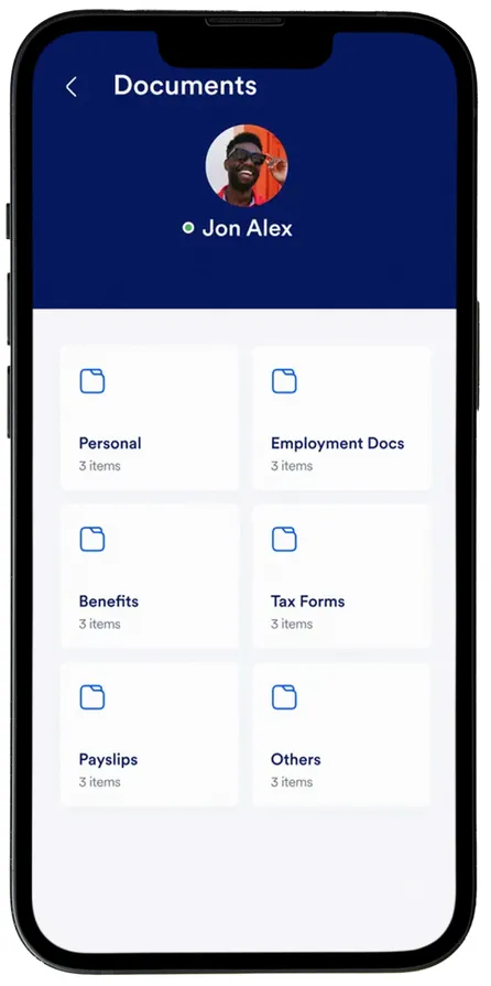 Atlas HXM mobile app documents screen showing payslips, tax forms and employment documents