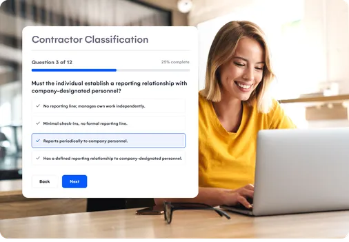 Contractor classification questionnaire in progress on a laptop