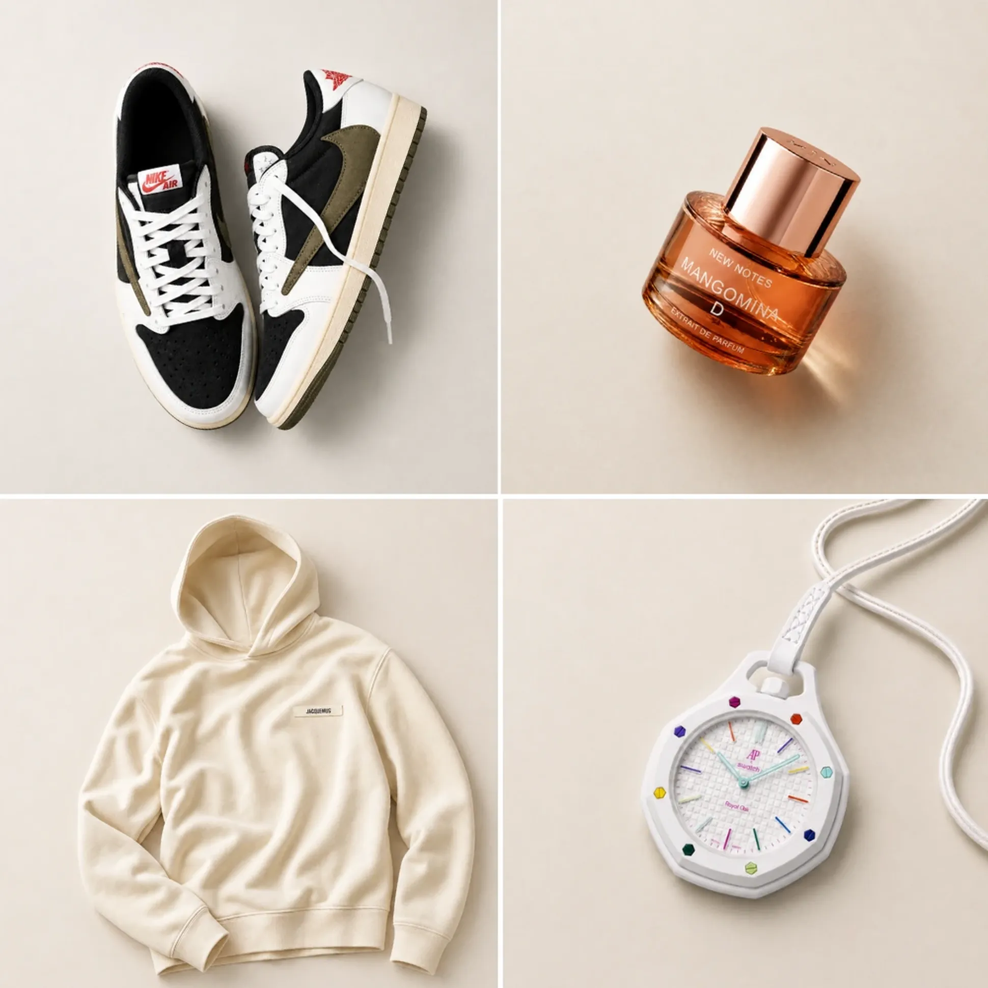 Collage of items: black and white sneakers, orange perfume bottle, cream hoodie, and a white pendant watch with colorful markers.