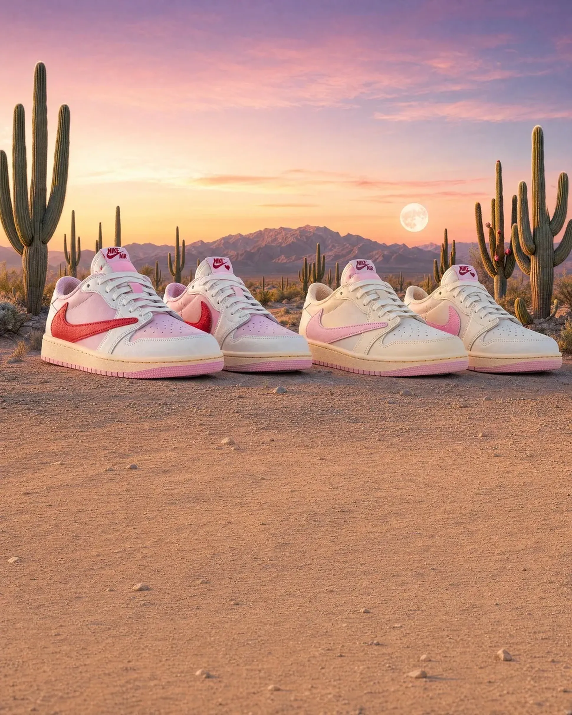 Two pairs of pink and white Nike Travis Scott sneakers on a desert landscape with cacti, mountains, and a sunset sky.