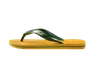 Yellow flip-flop with green strap and embossed logo, featuring a green and yellow striped sole.