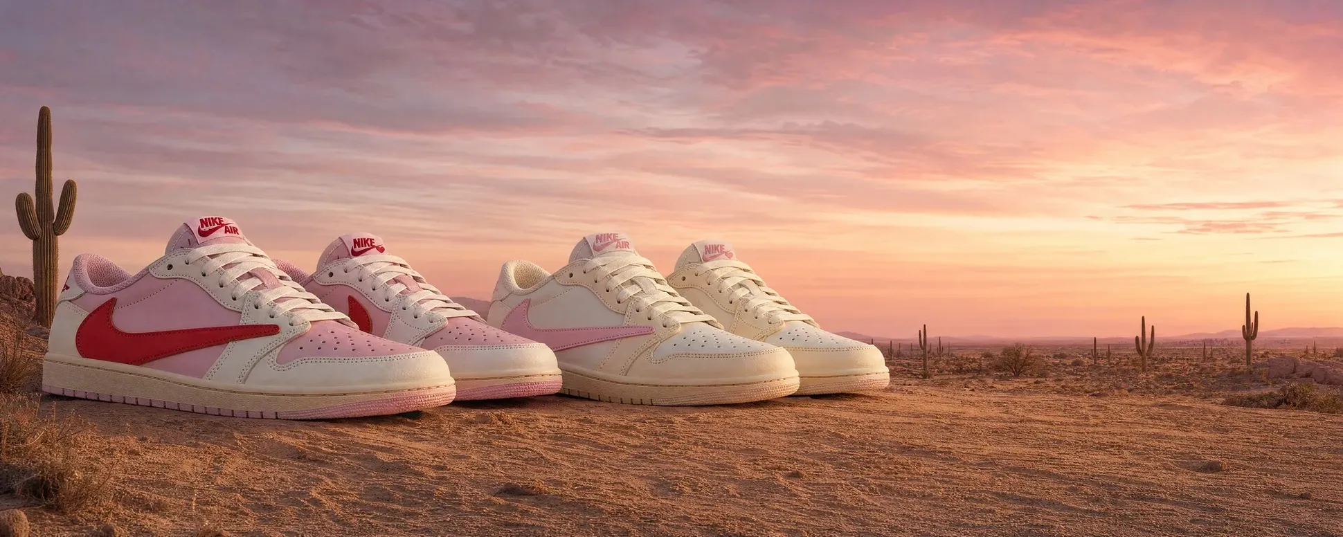 Two pairs of pink and white Nike Travis Scott sneakers on a desert landscape with cacti, mountains, and a sunset sky.