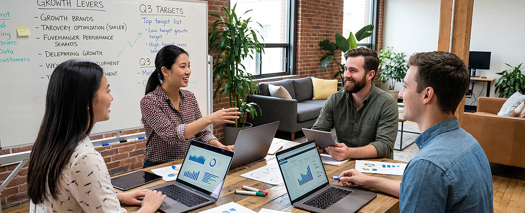 Team collaborating with laptops and whiteboard charts showing data-driven decision making and scalable collaboration workflows
