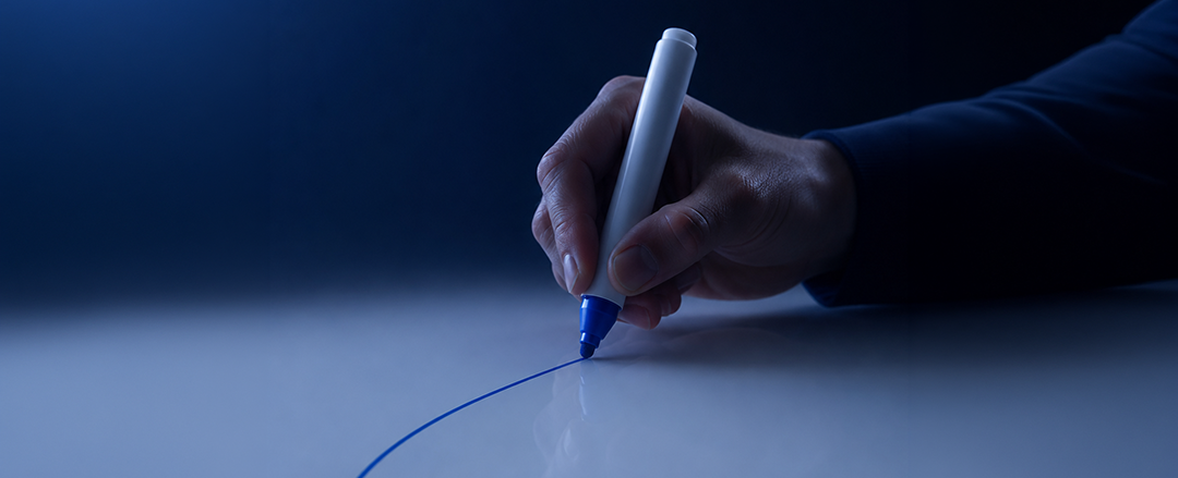 Close-up of a hand drawing with a blue marker on a smooth white surface, representing familiar interaction, handwriting and invisible digital technology.