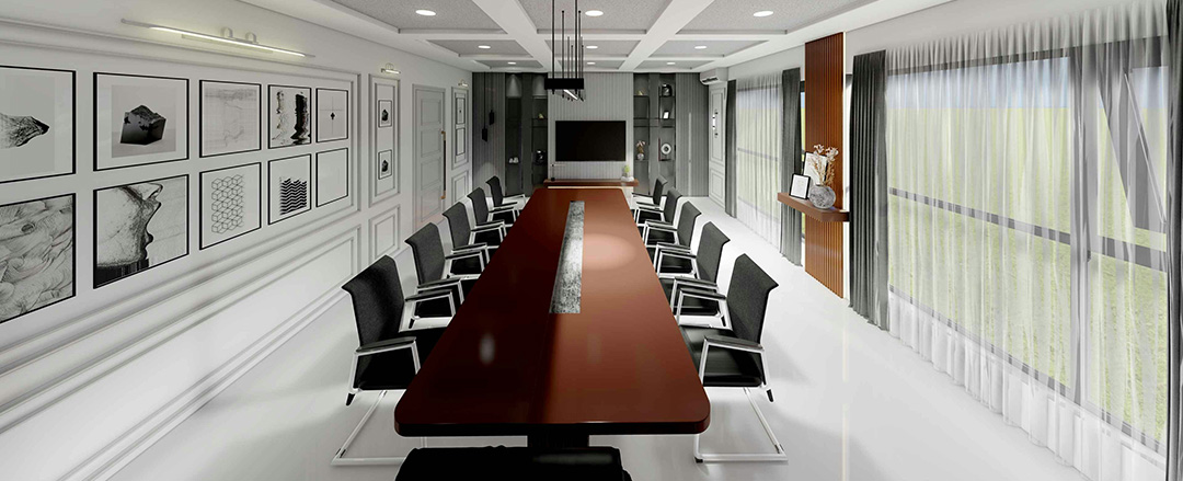 Elegant executive boardroom with long meeting table, ergonomic chairs and large screen supporting digital collaboration.