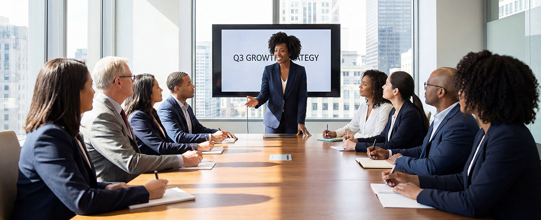 Executive presenting growth strategy to leadership team during a boardroom meeting