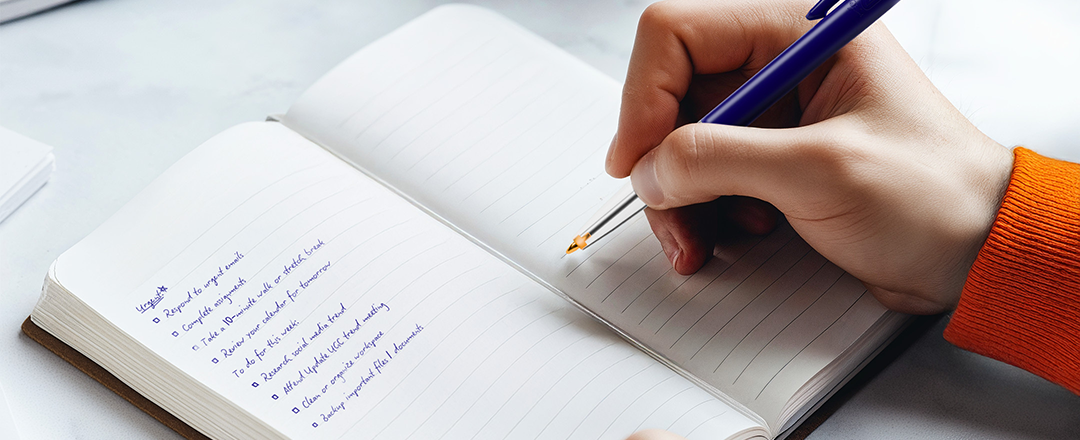 Close-up of a person writing handwritten notes in a notebook at a modern desk, highlighting how writing by hand improves focus, memory retention, and deep thinking.