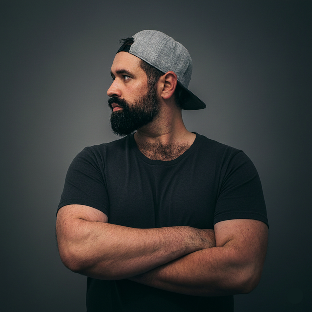 Ali Soueidan with a cap looks to the side, arms crossed, wearing a dark t-shirt against a gray background.