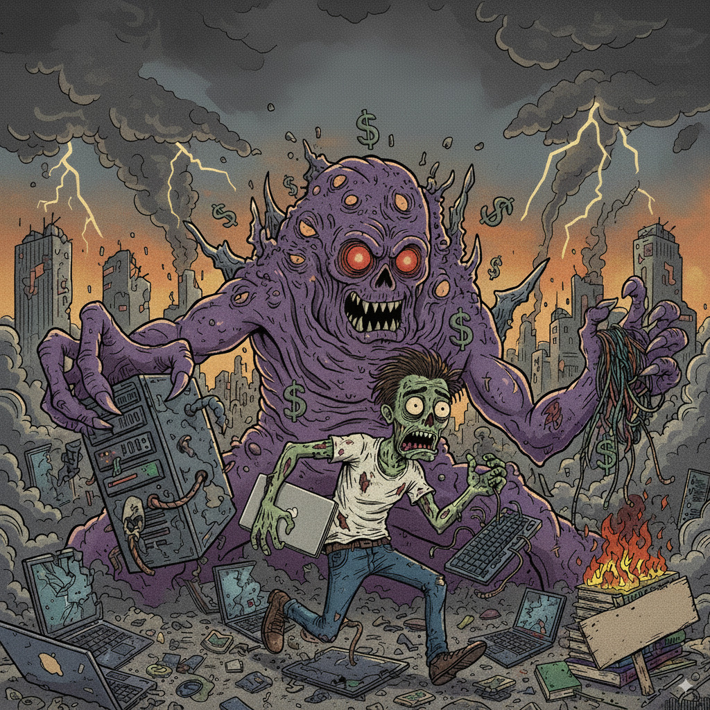 A man runs from a giant purple monster with dollar signs, amidst burning computers and lightning in a cityscape.