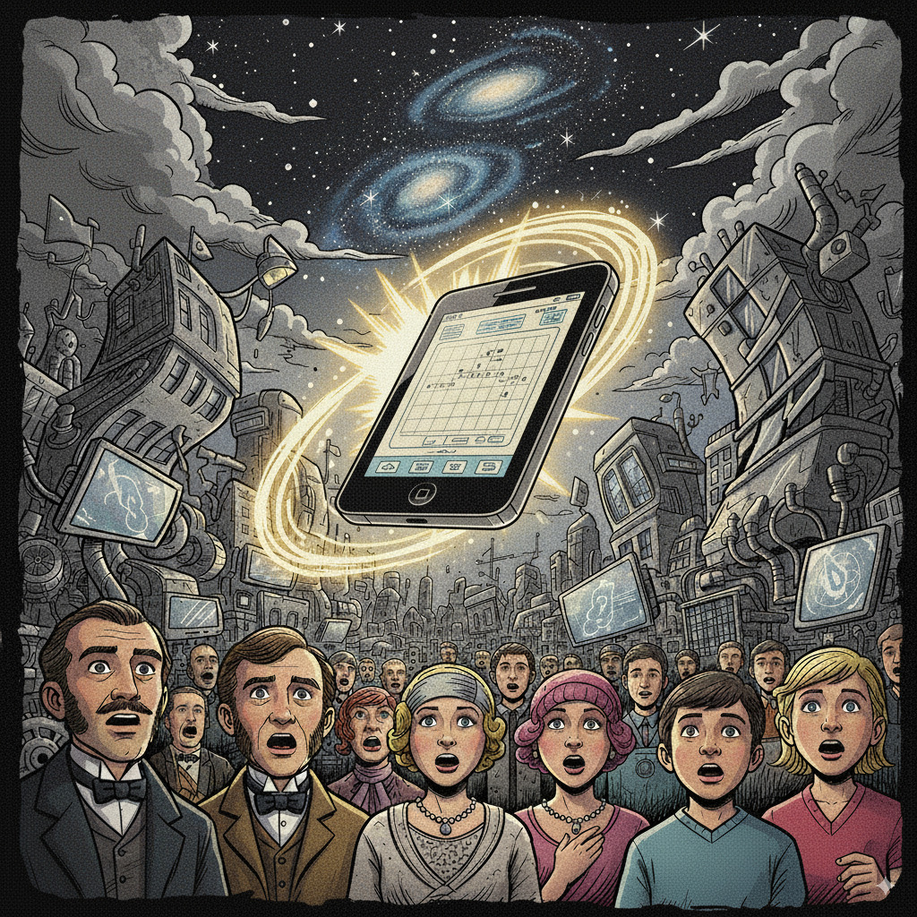 Victorian-era crowd gazes in awe at a glowing smartphone with a grid, hovering above a futuristic cityscape under a starry sky with galaxies.