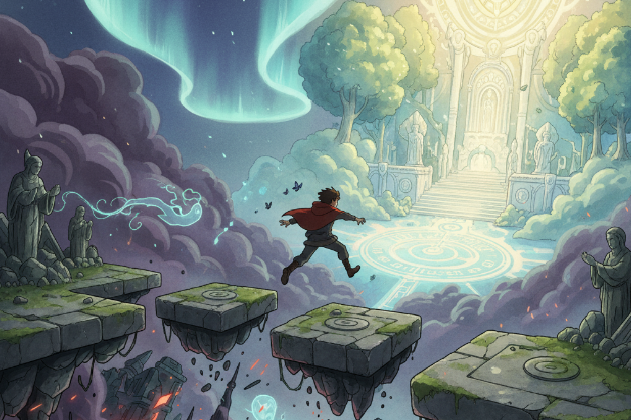 A person jumps across floating stone platforms towards a glowing, mystical gate surrounded by trees and statues under an aurora-lit sky.