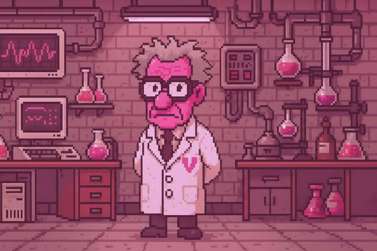 Pixel art of a scientist with glasses in a lab, surrounded by flasks and equipment, with a pink color scheme.
