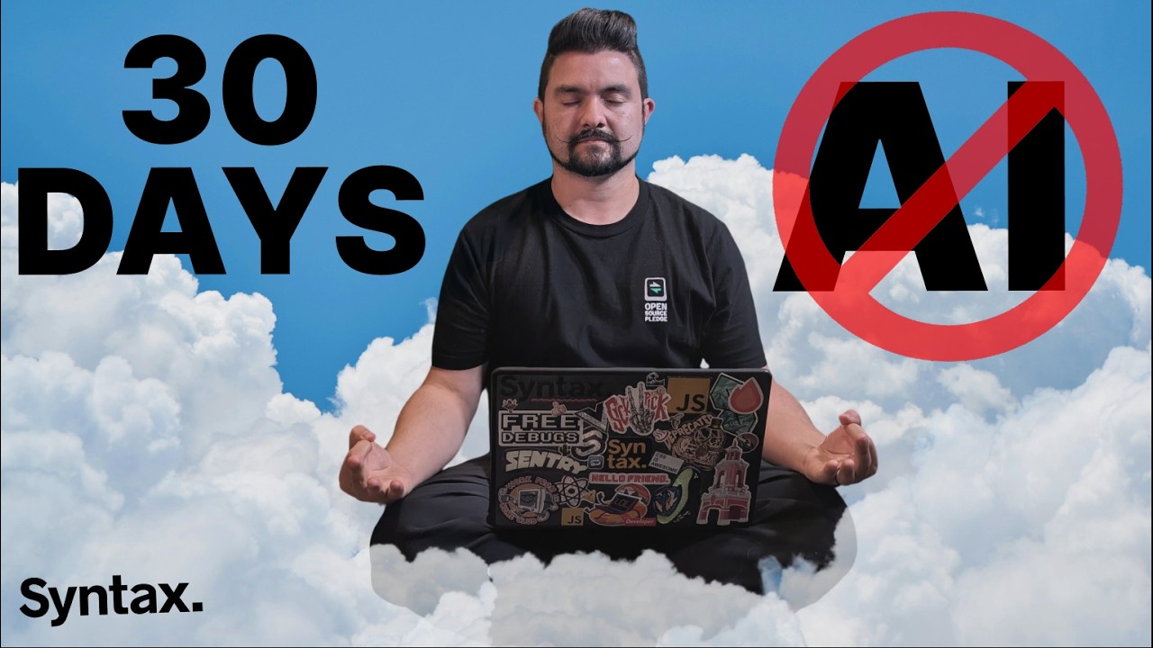 Person meditating on clouds with a laptop, surrounded by "30 Days" and a crossed-out "AI" symbol.