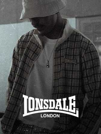 A person wearing a plaid jacket and bucket hat, with a Lonsdale London logo overlay.