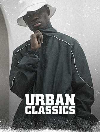 A person in a dark jacket and white bucket hat poses thoughtfully. Text reads "Urban Classics." The style is vintage and gritty.