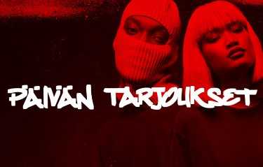 Two people in red lighting, one with a face mask. Bold graffiti-style text reads "Päivän Tarjoukset."