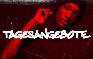 Person in a red hue wearing a beanie, with bold text "TAGESANGEBOTE" overlaying the image.