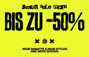 Yellow background with bold black text: "Sweat Sale Week, BIS ZU -50%" and "Neue Rabatte & Neue Styles, One Week Special."