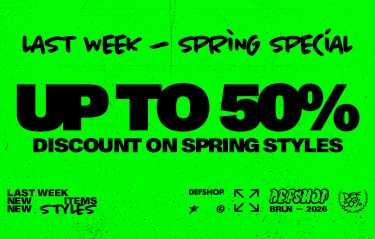 Bright green flyer promoting a "Spring Special" with up to 50% off on spring styles. Includes text and small logos at the bottom.